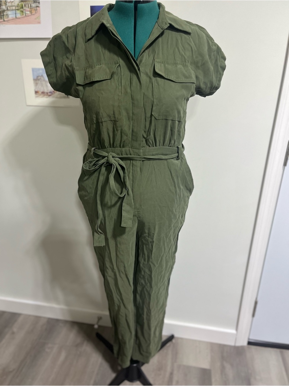 Nine West Olive Green Utility Belted Jumpsuit